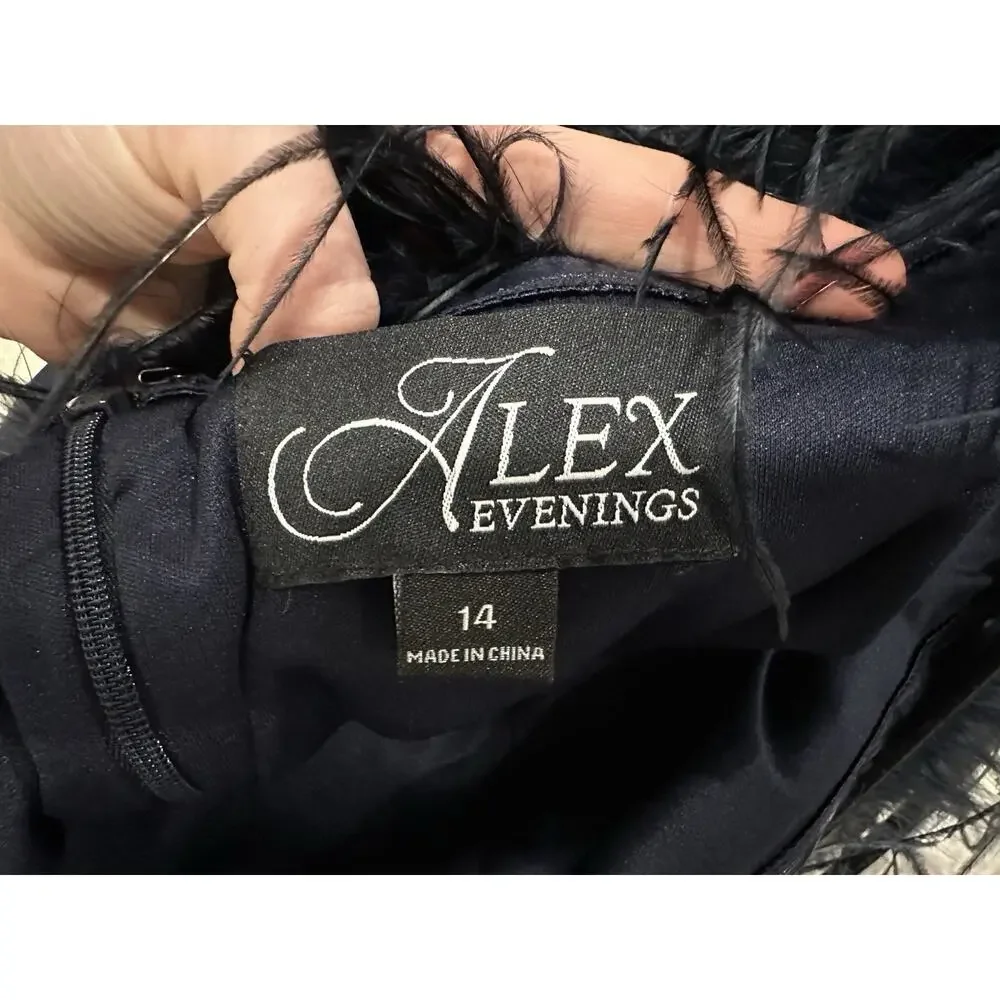 Alex Evenings Off-the-Shoulder Jersey Gown Slit Maribou Feather Trim Navy 14 NEW